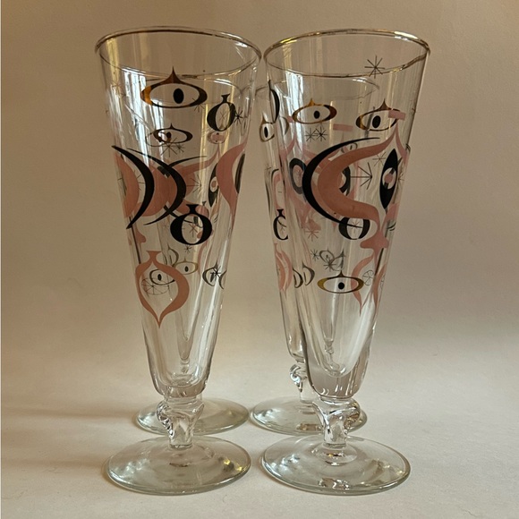 VTG Libbey 4pc Seville Fluted Pilsner Glasses MCM Atomic Starburst Pink & Black - Picture 6 of 6
